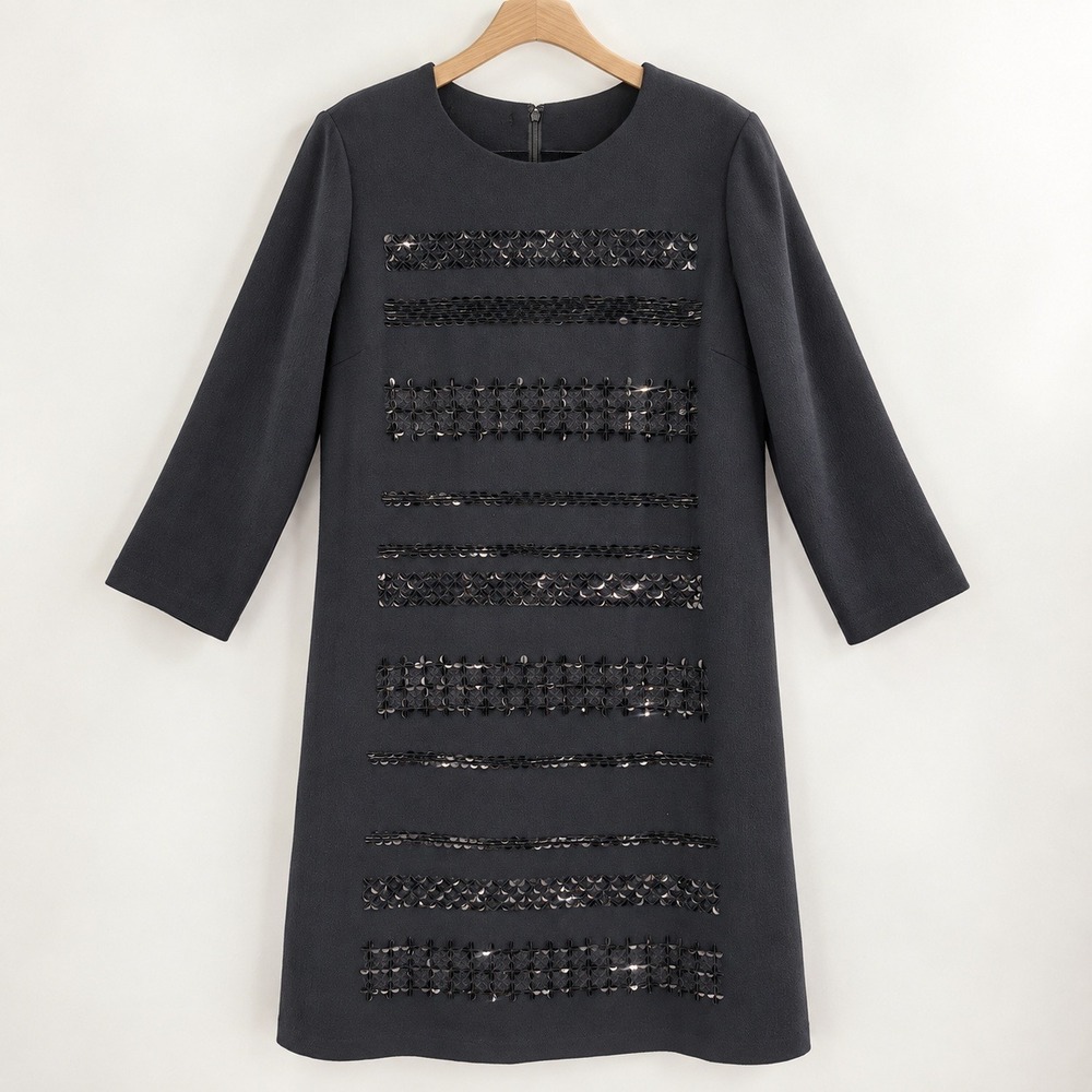 Theory Quiet Luxury Sequin Wool Shift Dress Womens XL Black Minimalist Chic